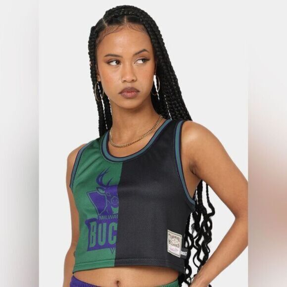 NWT Mitchell & Ness Women’s NBA Milwaukee Bucks Green/Black Crop Tank - Size XS - Picture 1 of 9